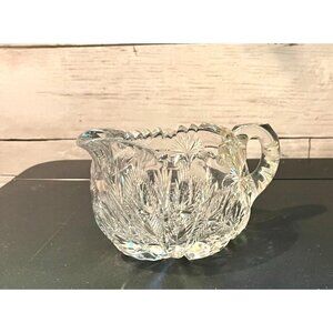 Antique Crystal Libbey Creamer With Intricate Plumage Etching & Scalloped Rim